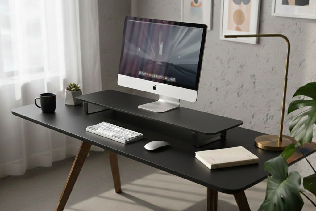 Modern office desk with computer setup in a bright room