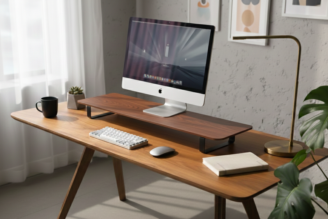 Wooden desk with computer setup in a home office setting
